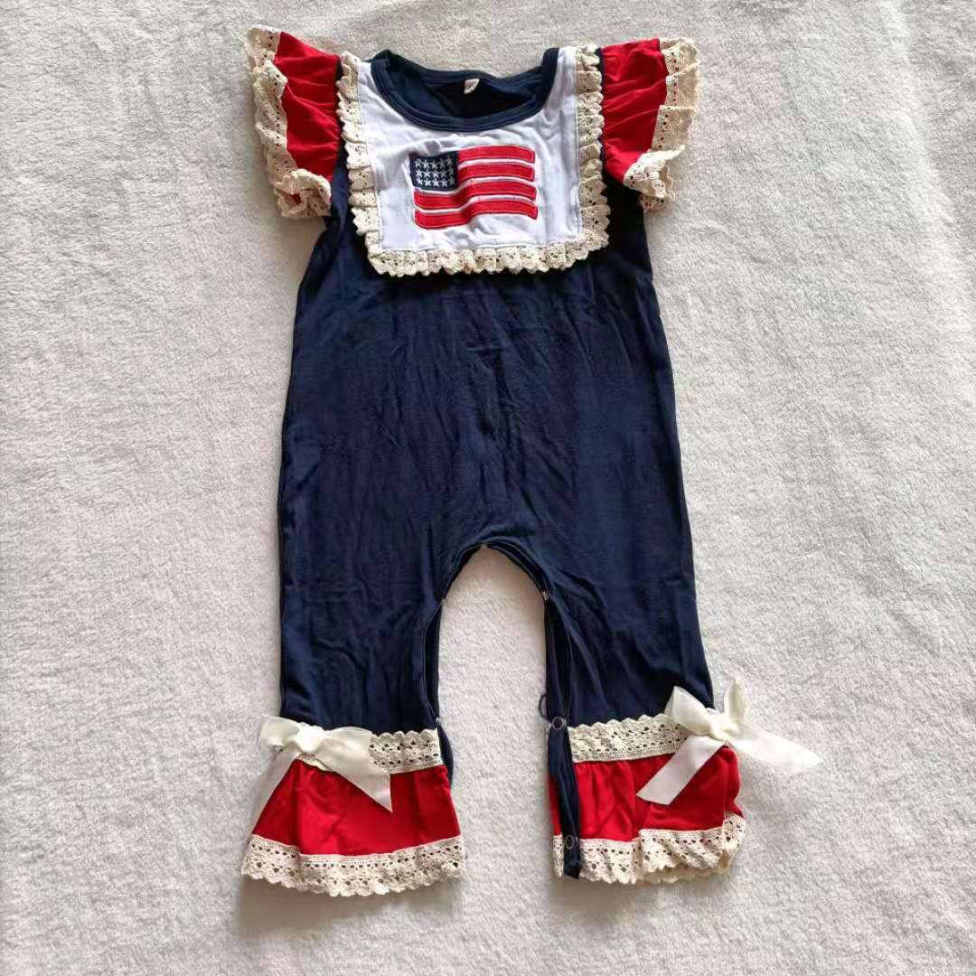 American national flag print dark blue red lace embroidery short sleeve romper