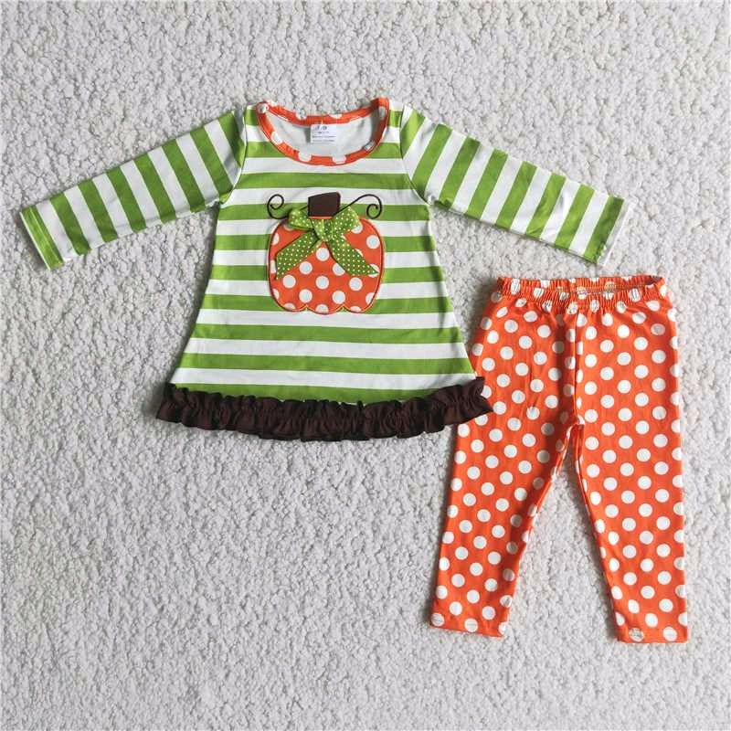 6 B4-3 stripe pumpkin embroidery long sleeve legging pants girl outfit 20230520 RTS