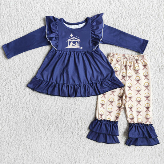 promotion 6 B11-25 navy nativity girl tunic lace long sleeve pants outfits kids clothes RTS 1103