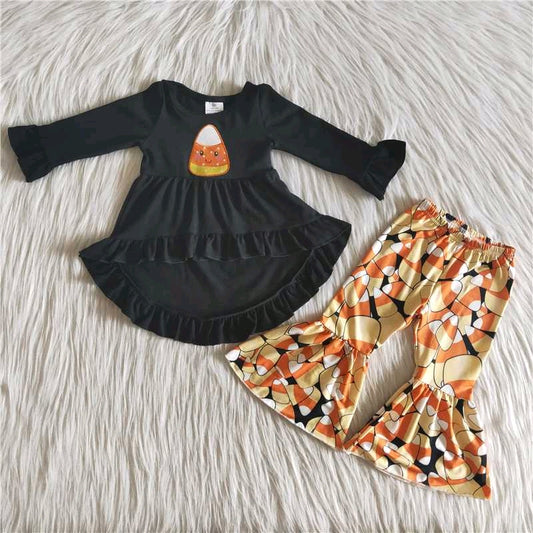 girl black Short front long rear long sleeve bell bottom pants outfits