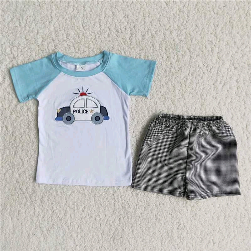 promotion B18-4 Police car embroidery grey short sleeve shorts boy summer outfits 202405 rts