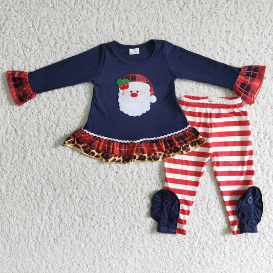 promotion 6 C7-2 girl christmas santa embroidery navy lace stripe long sleeve legging pant outfit