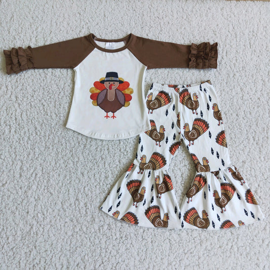 promotion  6 A23-19 Ruffles sleeves top turkey print bell pants girl clothes holiday thankgiving outfits