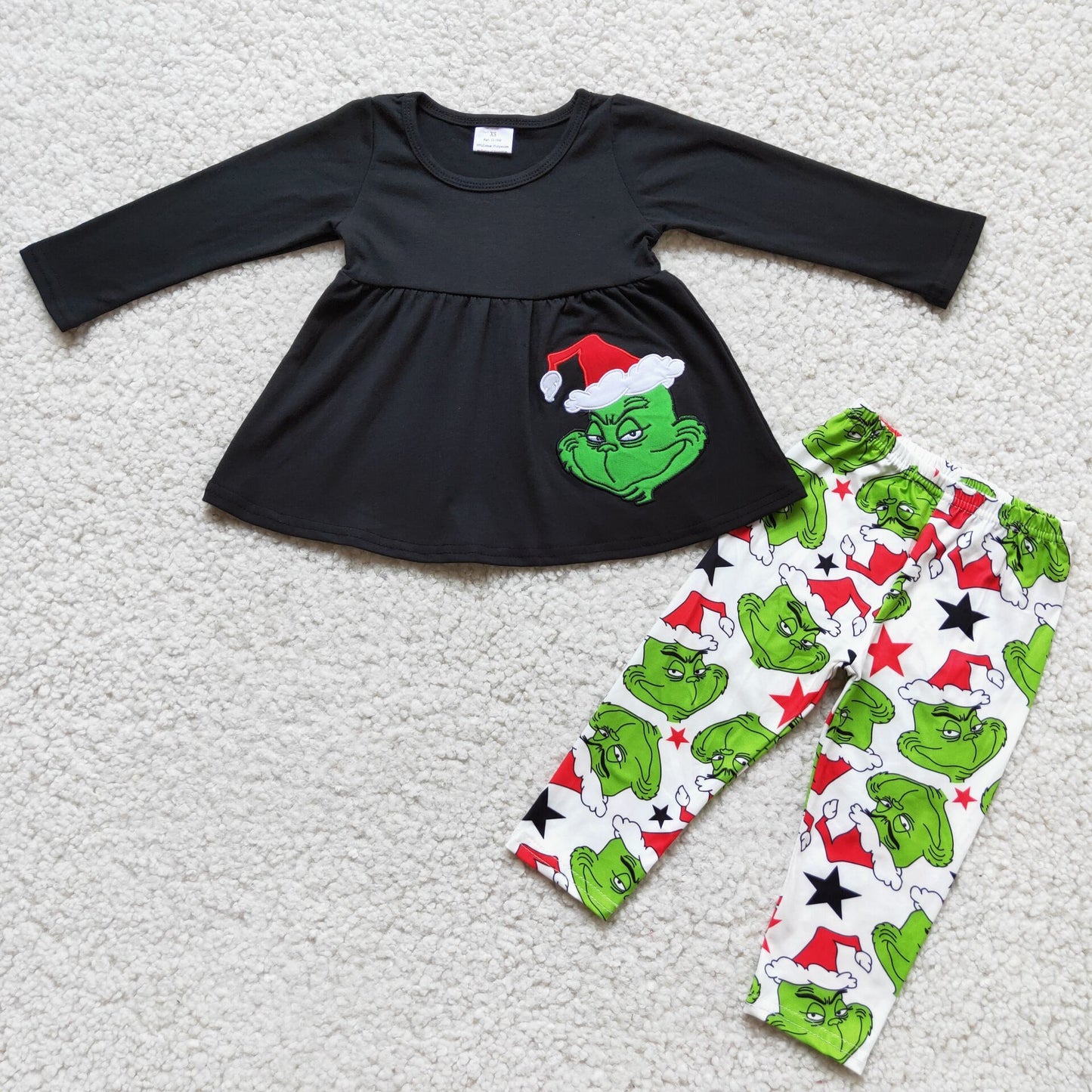 6A3-13 RTS Embroidery Christmas black cartoon tunic long sleeve green legging pants girl outfit 20230628 RTS