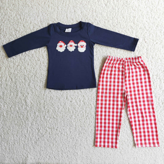 boy christmas santa embroidery navy plaid long sleeve pant outfit