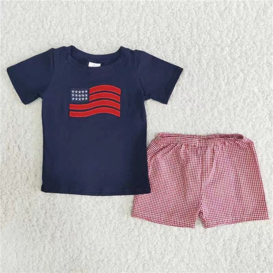 4TH American boy flag blue embroidery short sleeve red plaid shorts outfit  0514