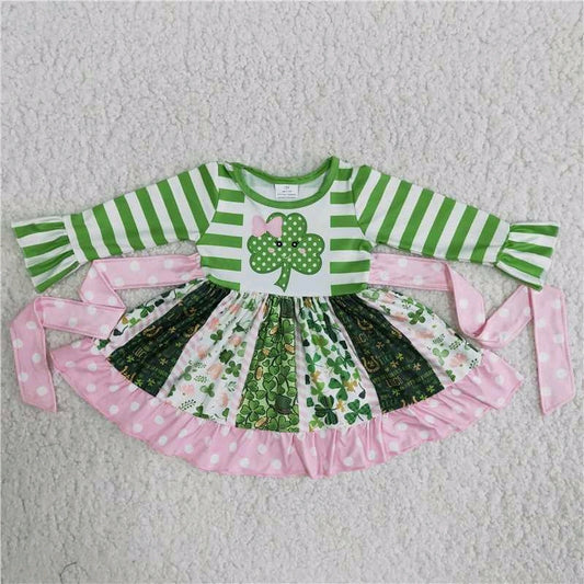 6 A23-11 Green stripe clover pink dot belt patchwork long sleeve dress RTS 1206