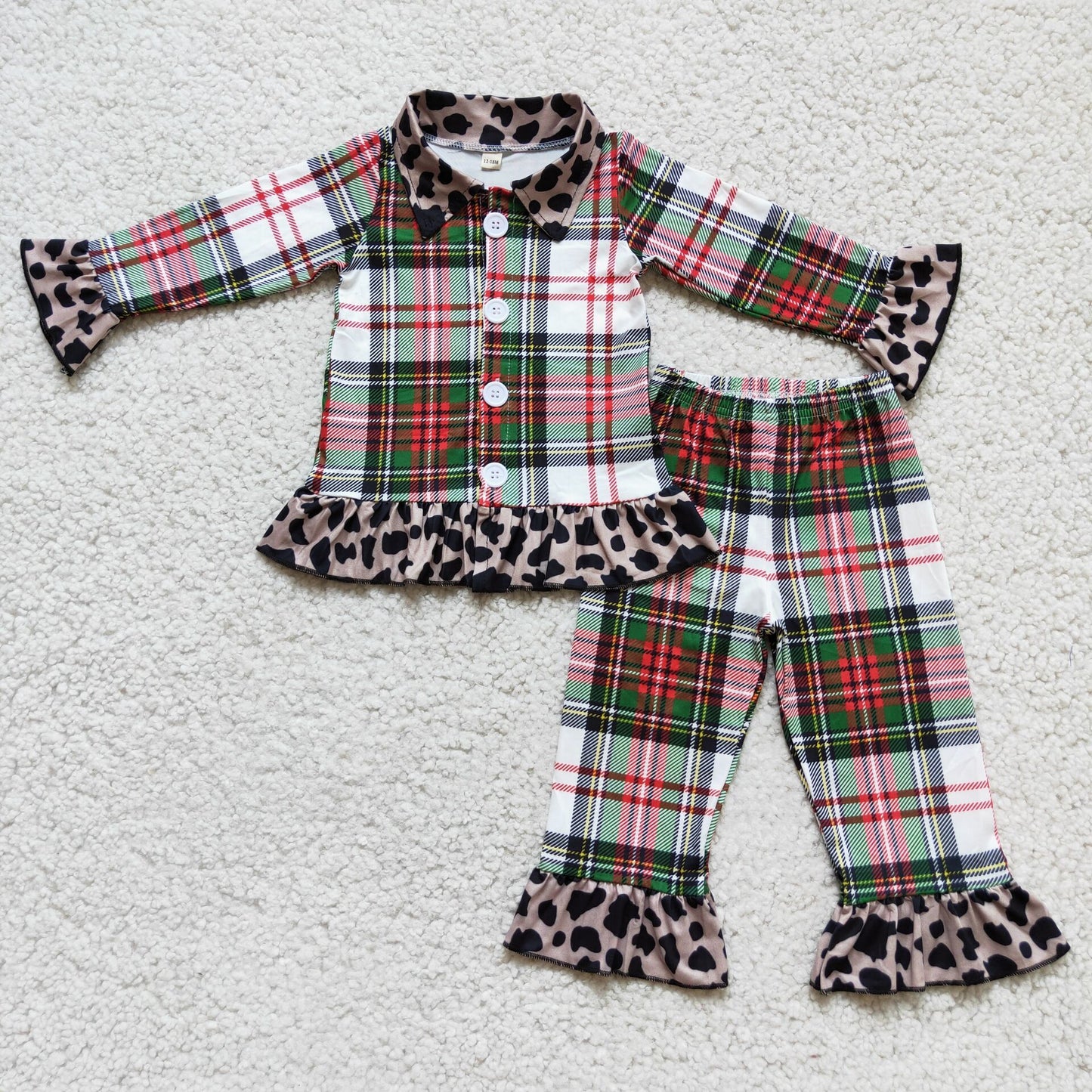 Plaid red green long sleeve leopard ruffle girl pajamas  RTS 1102