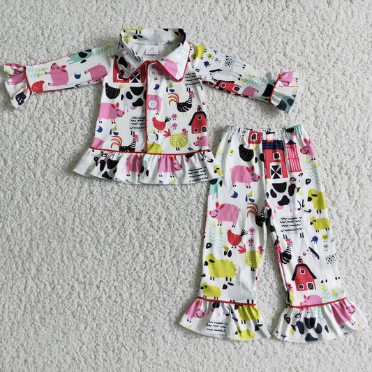 girls cow farm print long sleeve collar pajamas outfits