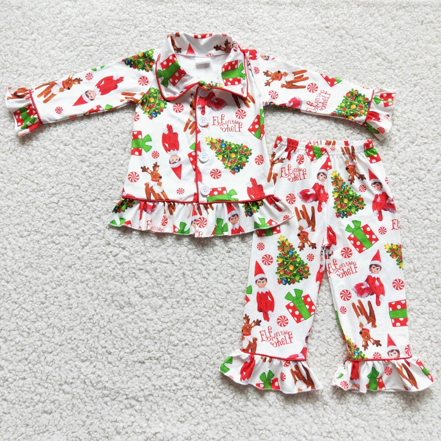 Christmas santa deer lace girl collar long sleeve pajamas outfits