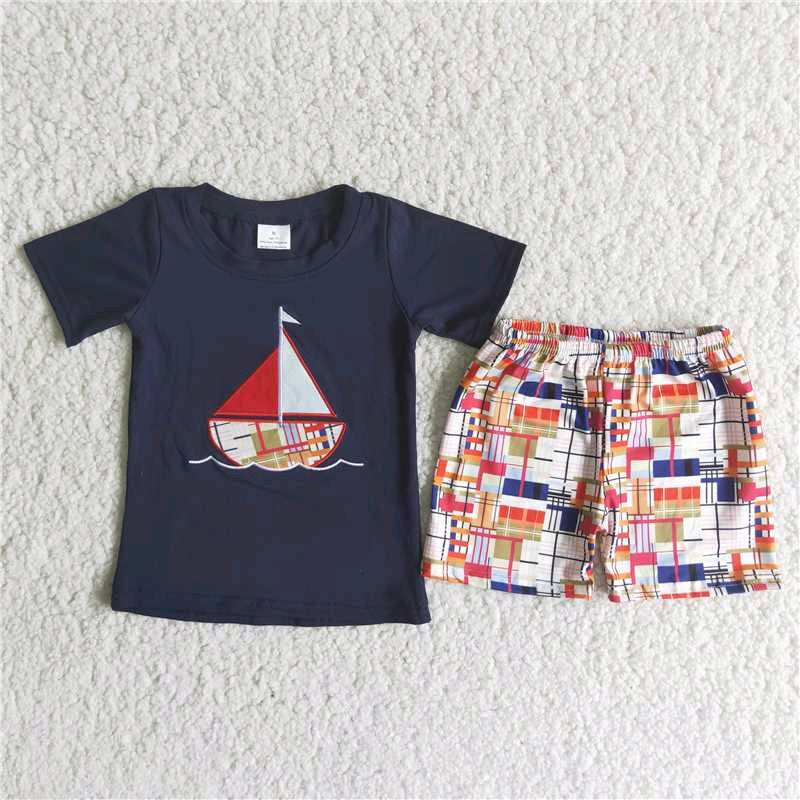 Sailboat embroidery blue boy short sleeve shorts outfits