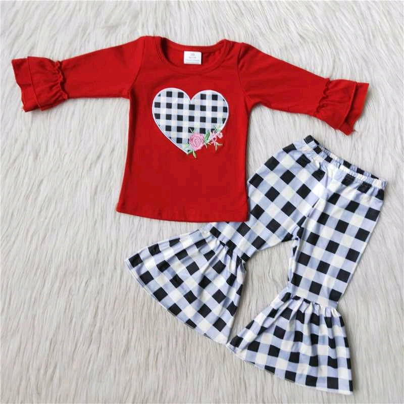 Valentine embroidery plaid love long sleeve bell bottom pants outfits