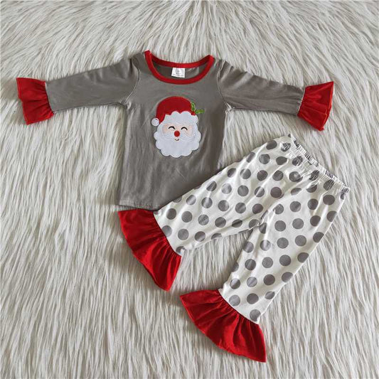 Christmas santa grey red dot lace long sleeve pajamas outfit