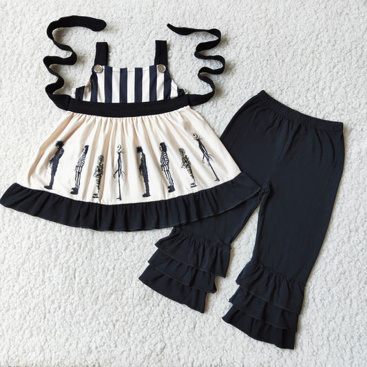 halloween Devil shoulder strap black white belt stripe girl sleeveless pant girl outfit 0730 RTS