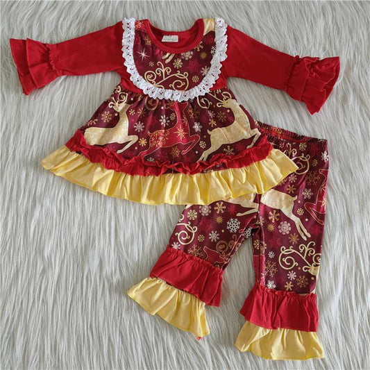 Christmas girl elk red golden lace long sleeve pants outfit