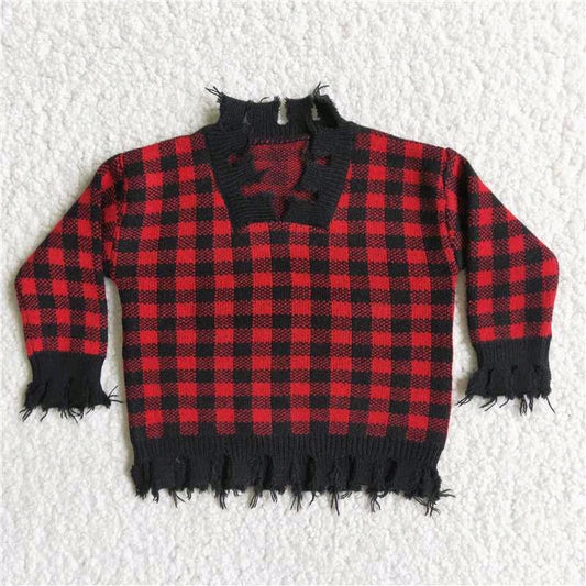 Red black plaid tassels fashion sweater