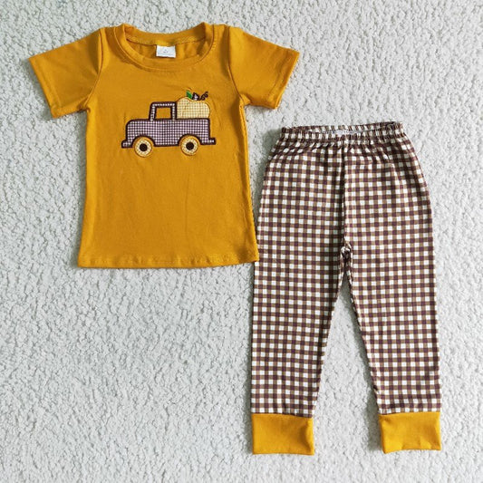 BSPO0007 new 1102 orange pimpkin truck short sleeve plaid jogging pants boy outfit