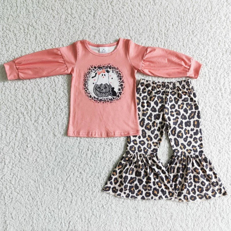 GLP0017 new long sleeve orange top white leopard bell bottom girl outfit 20230511