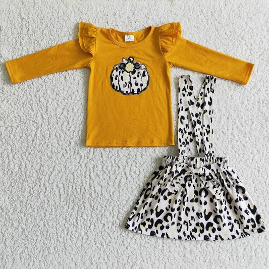 GLD0008 RTS new 1102 halloween orange long sleeve pumpkin suspender leopard skirt girl outfit