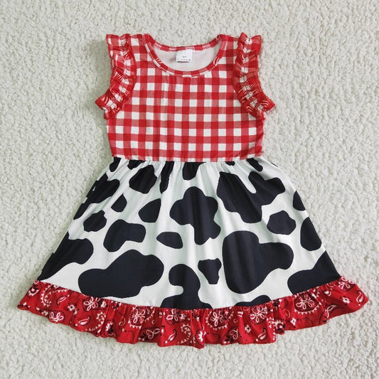 promotion GSD0015 RTS red white plaid ruffles cow button sleeveless dress 1102