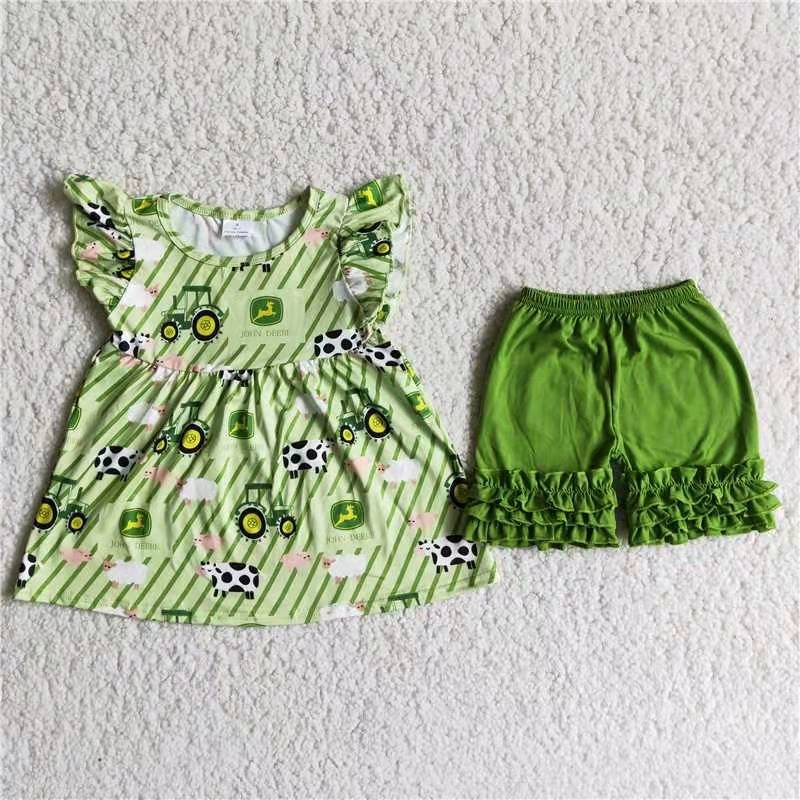 promotion green stripe track car cow farm animals puffy short sleeves summer ruffles shorts 202404