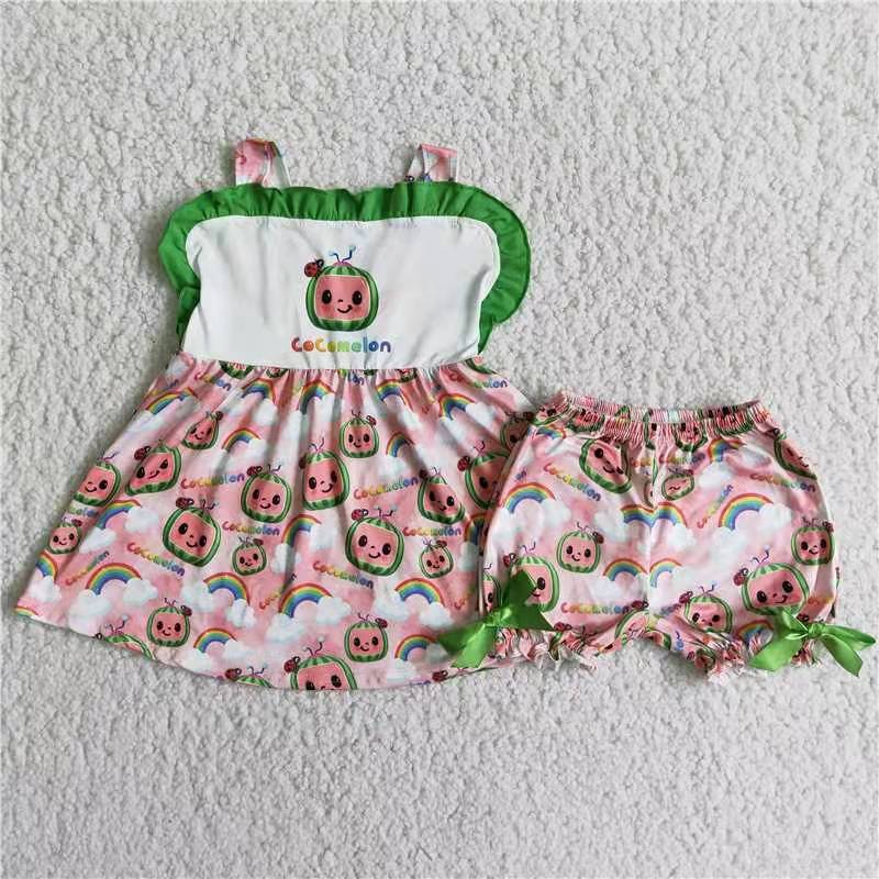 promotion  shoulder strap cartoon watermelon pink green rainbow ruffles bow short sleeve shorts girl outfits