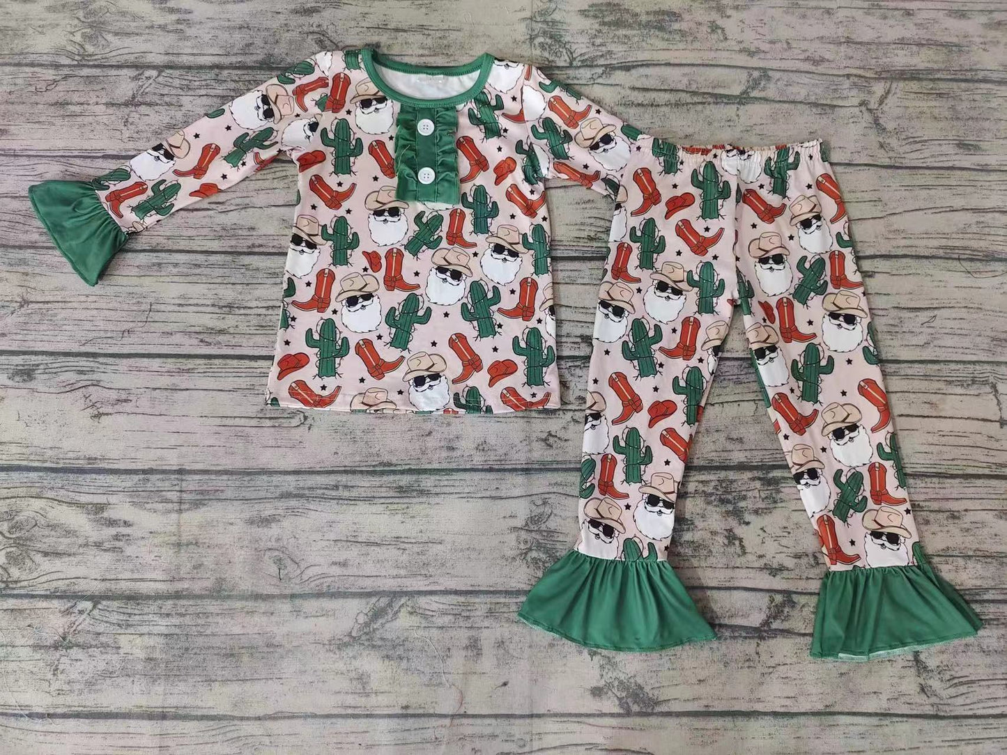 santa cactus cowgirl christmas long sleeve girl pajamas outfit 0924 preorder