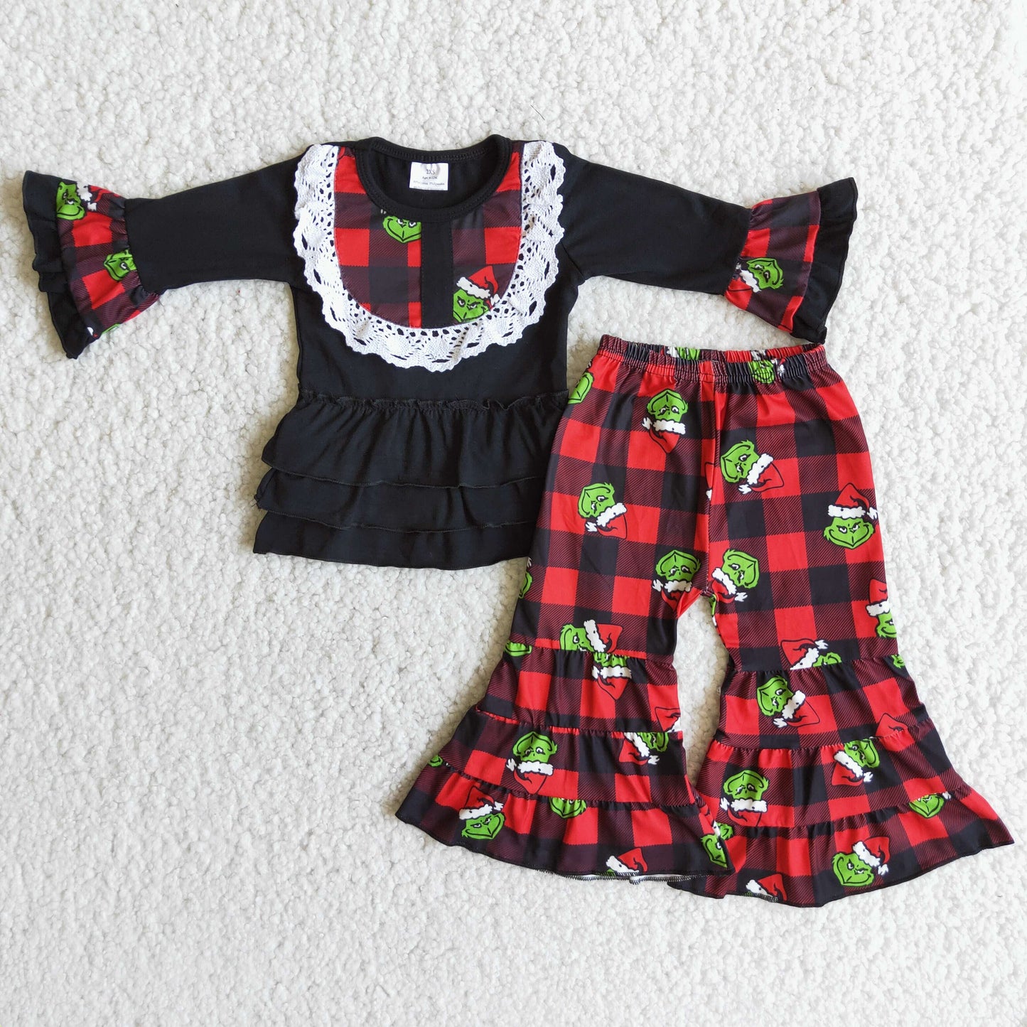 Red plaid lace girl green cartoon long sleeve pants outfits