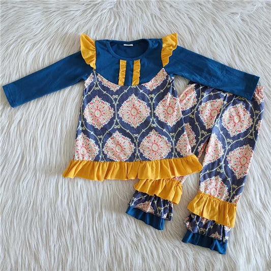 Blue yellow lace floral long sleeve pants outfits