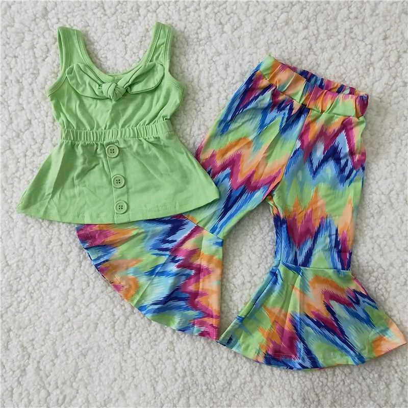 promotion vest 0802 RTS shoulder straps top green bow tunic tie-dyed sleeveless bell bottom pants outfits