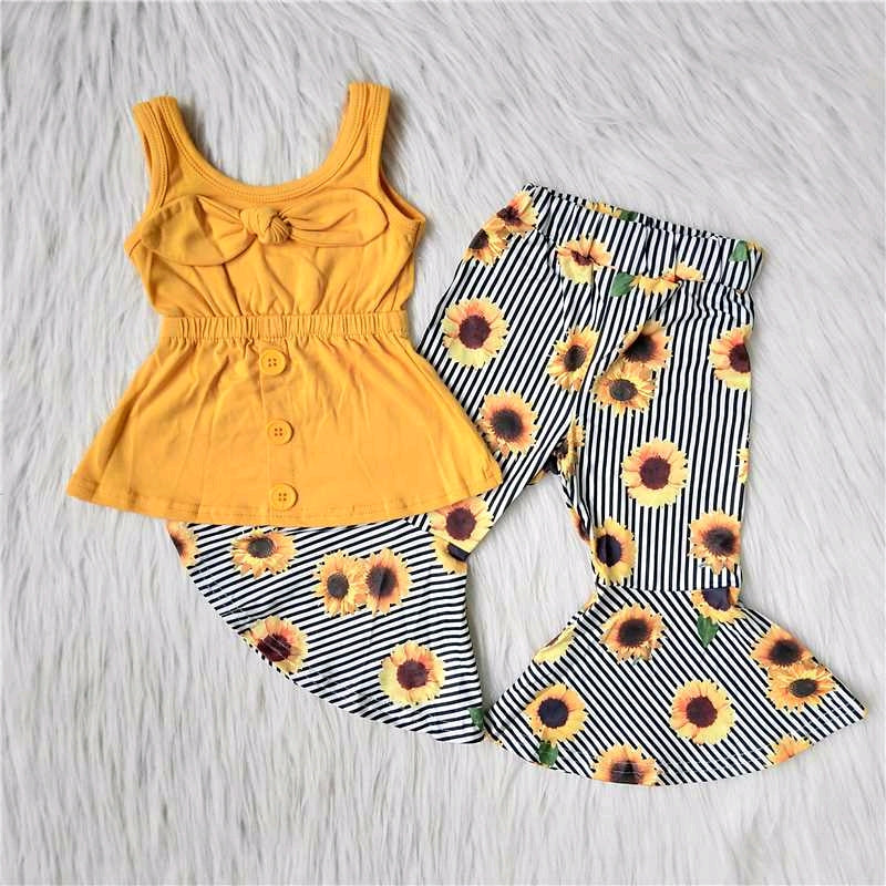 vest 0802 RTS shoulder straps top yellow bow tunic sunflower stripe sleeveless bell bottom pants outfits