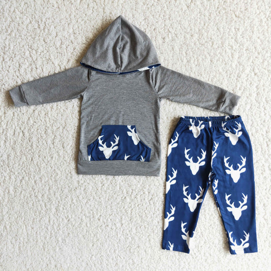 promotion  6 A15-11 Elk grey deep blue print pocket Hoodie outfit