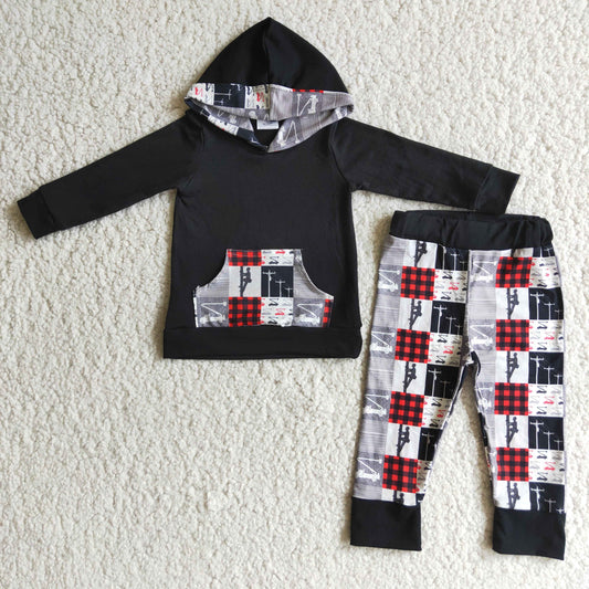 6 C8-18 boy lineman black plaid pocket hoodies outfit RTS 1205