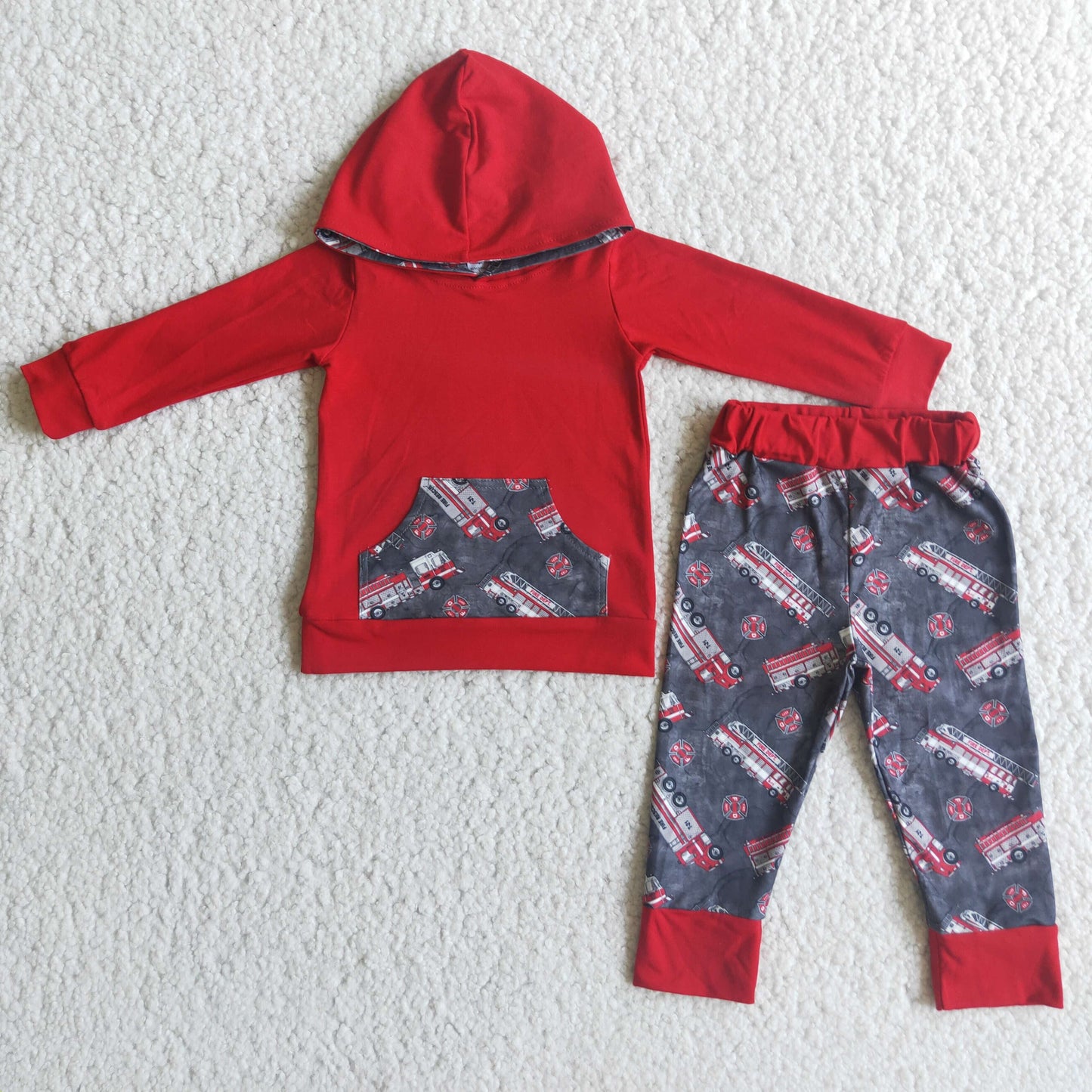 RTS 0601 Red pocket cartoon firetruck engine bus hoodies outfit 6 C8-2