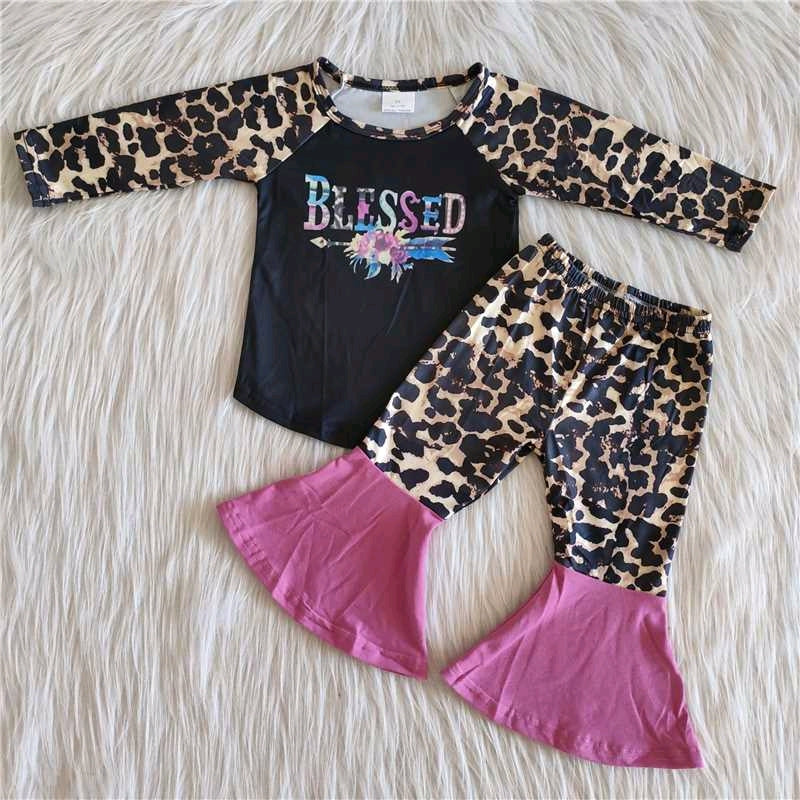 promotion 6 A14-12 blessed letters leopard print raglan long sleeve bell bottom pants outfit 202408