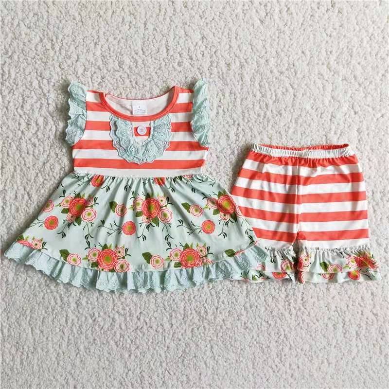 girl button red white stripe floral ruffles short sleeve shorts