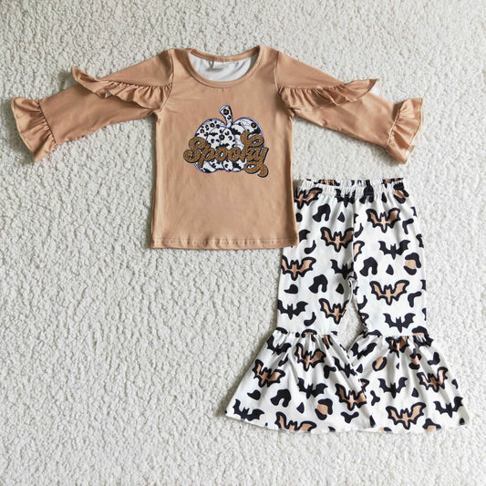 RTS 0928 halloween pumpkin leopard bat long sleeve baby girl outfit