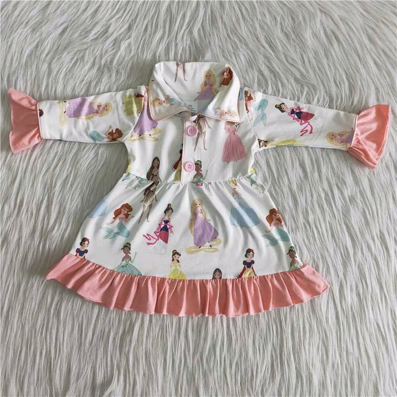 cartoon girl print lace collar button long sleeve dress