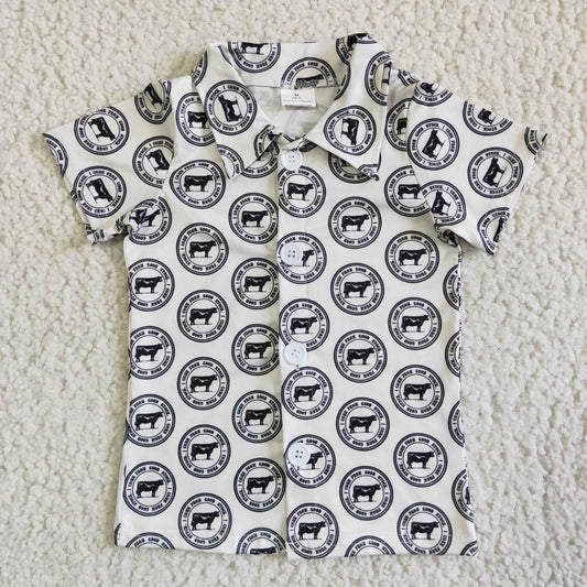 BT0016 RTS farm cow print white boy short sleeve shirt top 0525