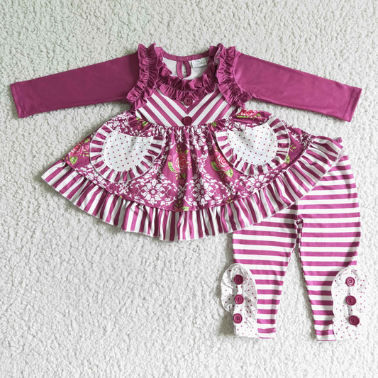 promotion 6 B8-21 purple ruffle pocket stripe long sleeve button pant girl patchwork outfit  RTS 1121
