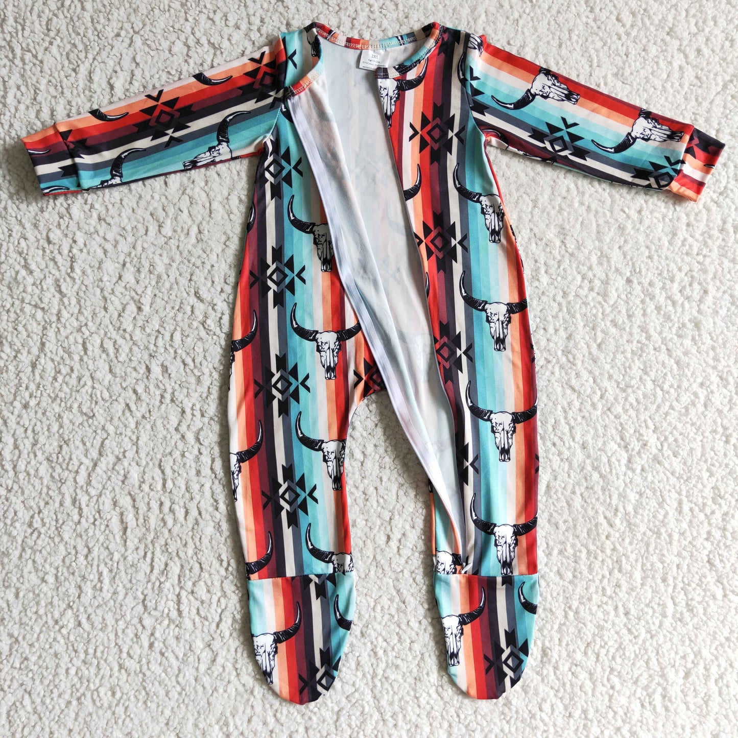 long sleeve boy romper highland cow aztec orange green 0919 RTS