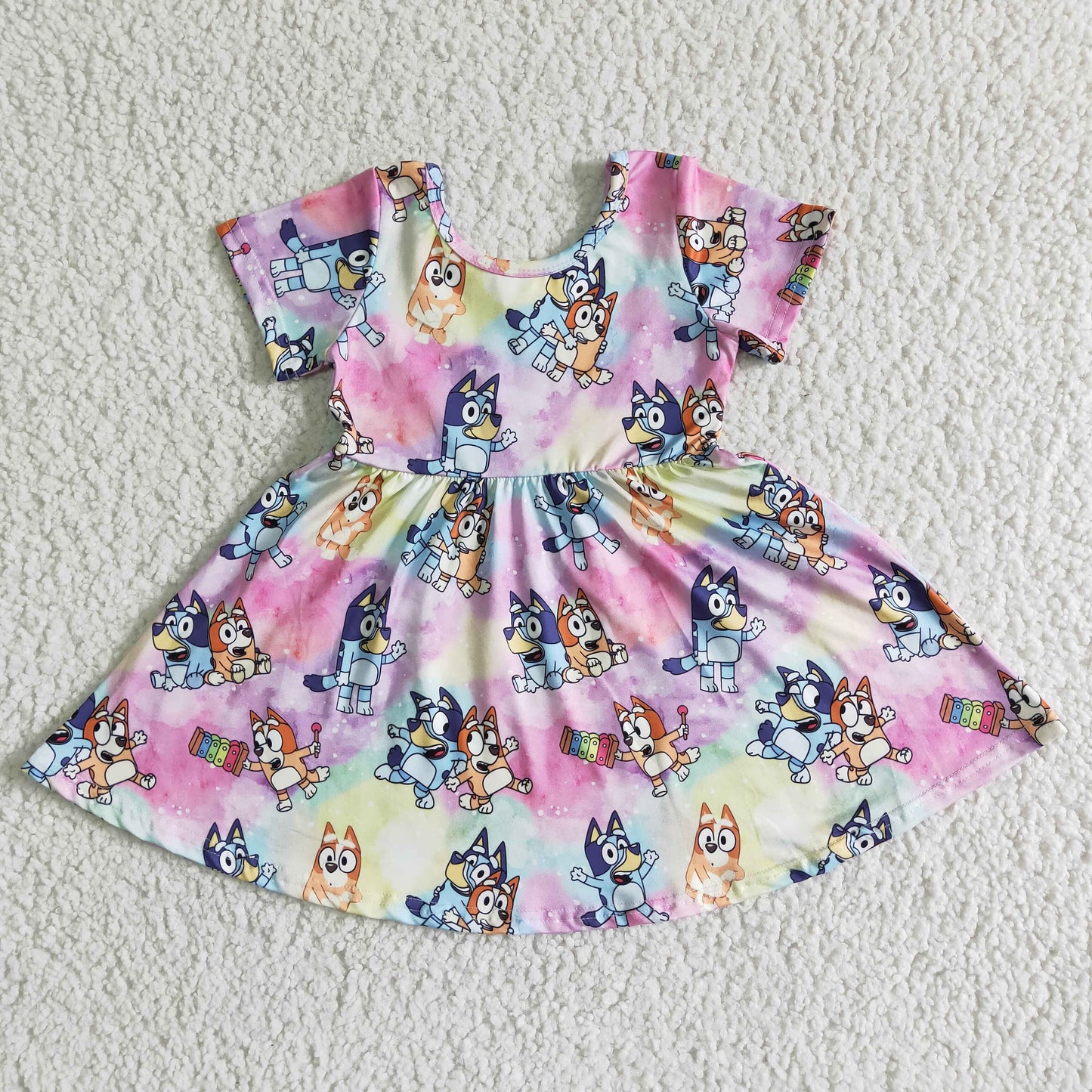 cartoon blue dog tie dye pink yellow short sleeve dress 0325