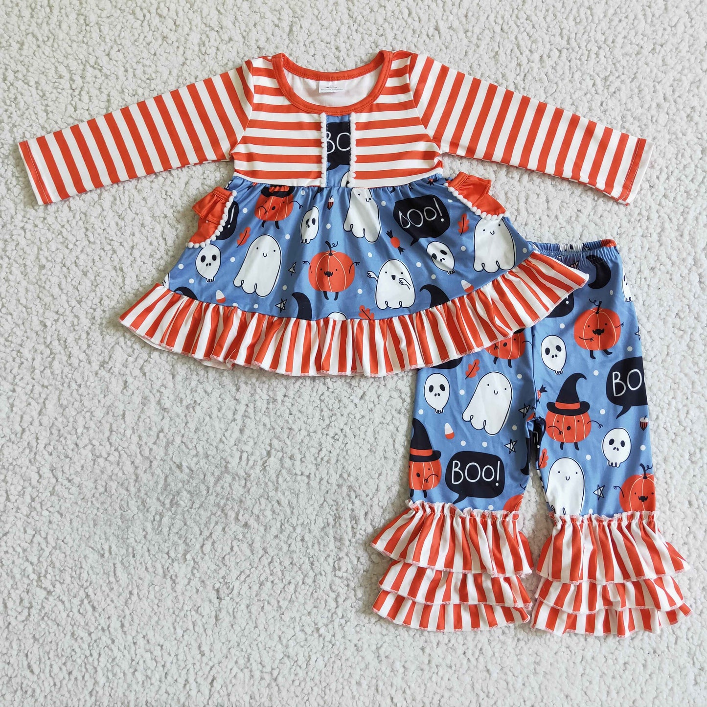 promotion RTS GLP0077 halloween orange pumpkin long sleeve stripe ruffles girl outfit 20230925