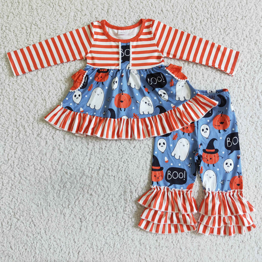 promotion RTS GLP0077 halloween orange pumpkin long sleeve stripe ruffles girl outfit 20230925