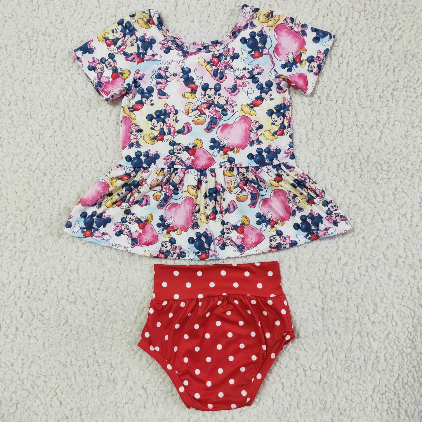 mouse pink love print ruffle girl short sleeve red white dots bummie set outfits 0426