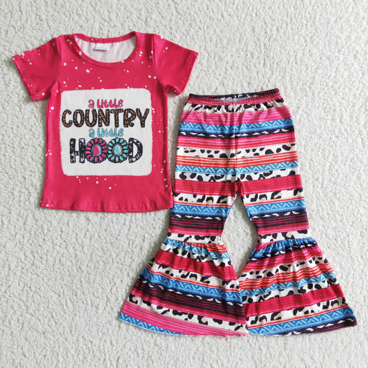 Promotion a little country hood letters red stripe short sleeve bell bottom girl outfits 0319