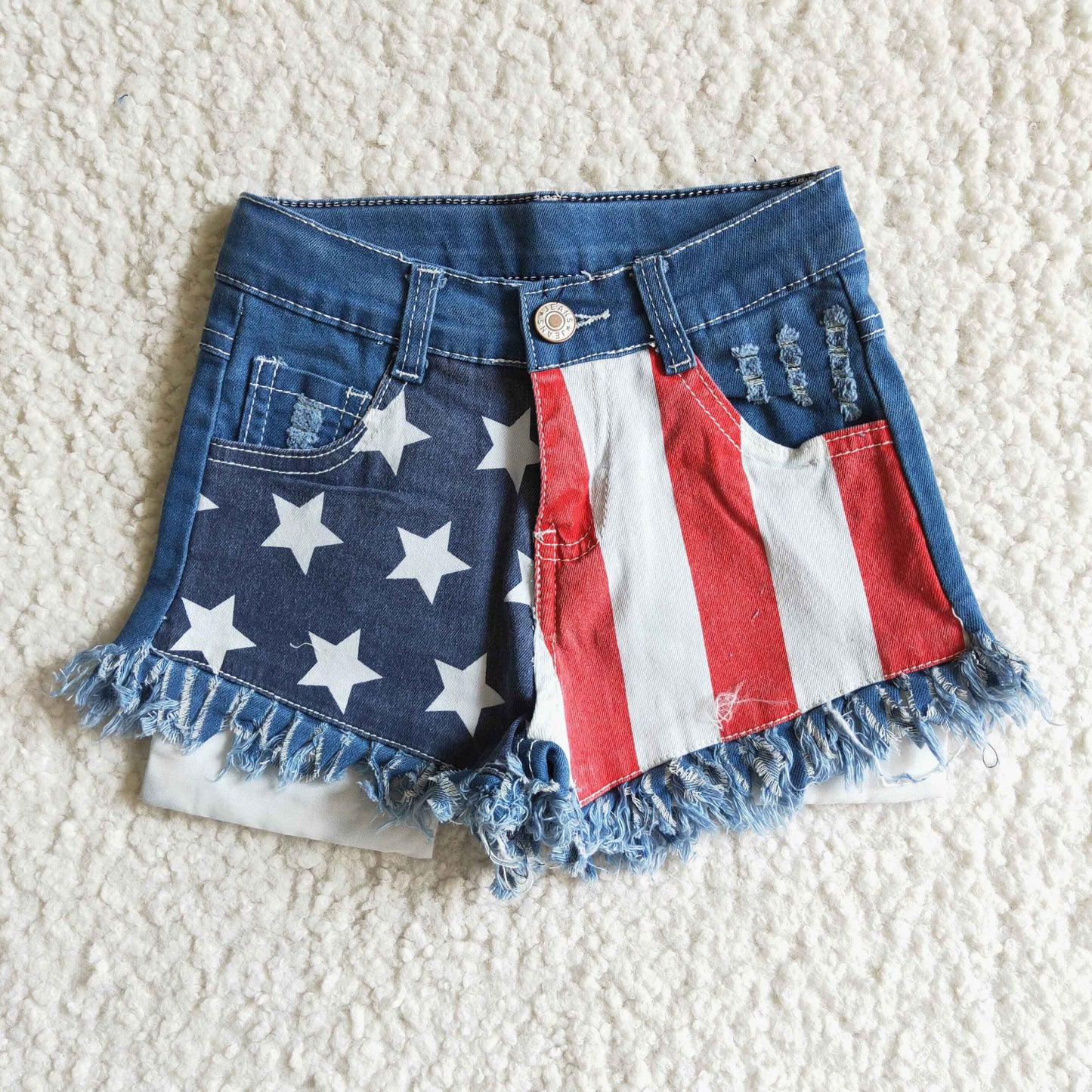 4th July girl star red white stripe blue ripped denim shorts 0404