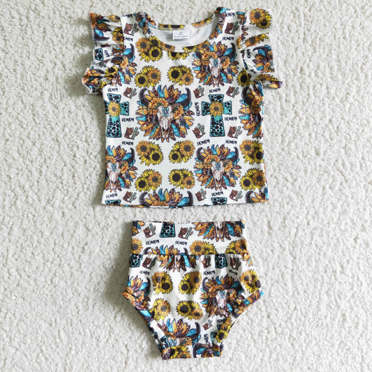 GBO0047 RTS sunflower cow gem  bummies set girl outfit 0628