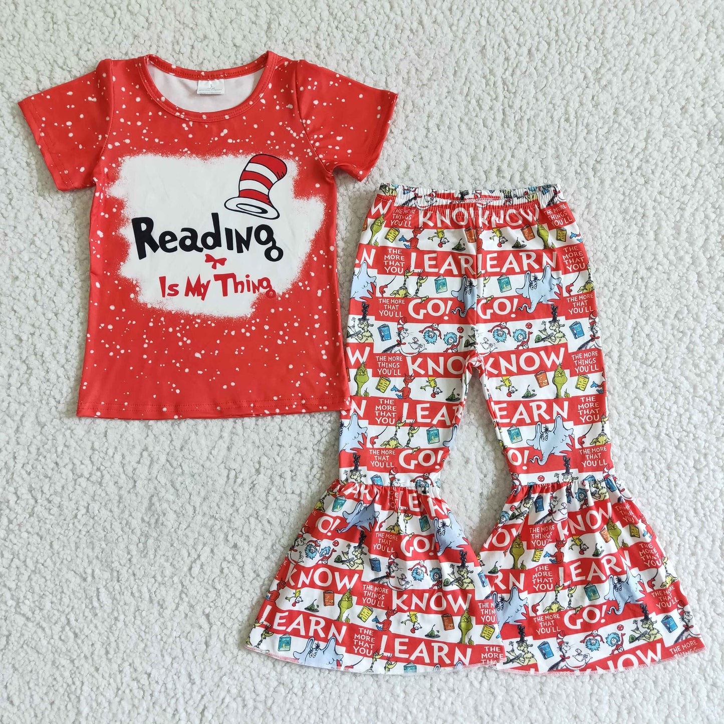 promotion RTS cartoon cat reading letter red stripe short sleeve girl outfit 0505S