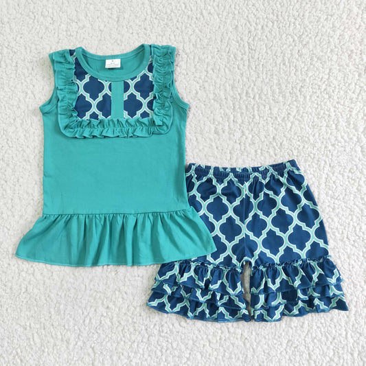 promotion A8-24 RTS Quatrefoil blue top ruffles short pants set 0511